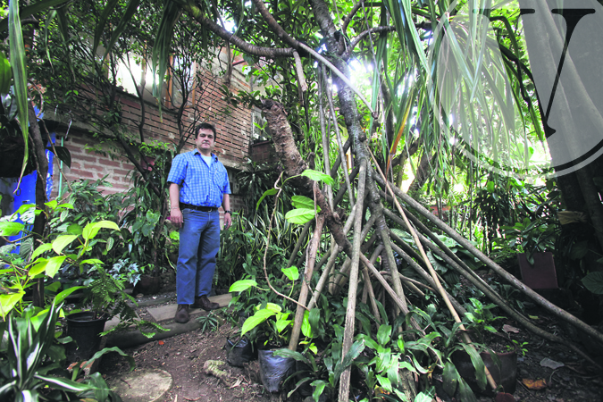 Hernán Darío Rincón junto al pandanus, el árbol que camina. Foto Róbinson Henao