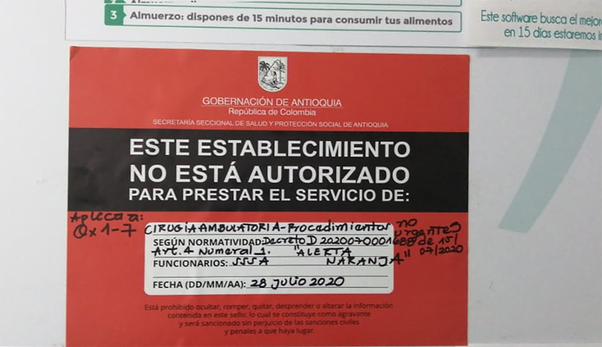 La Secretaría Seccional de Salud y Protección de Antioquia selló ayer a Quirófanos El Tesoro por incumplir el Decreto del 15 de julio de 2020.
