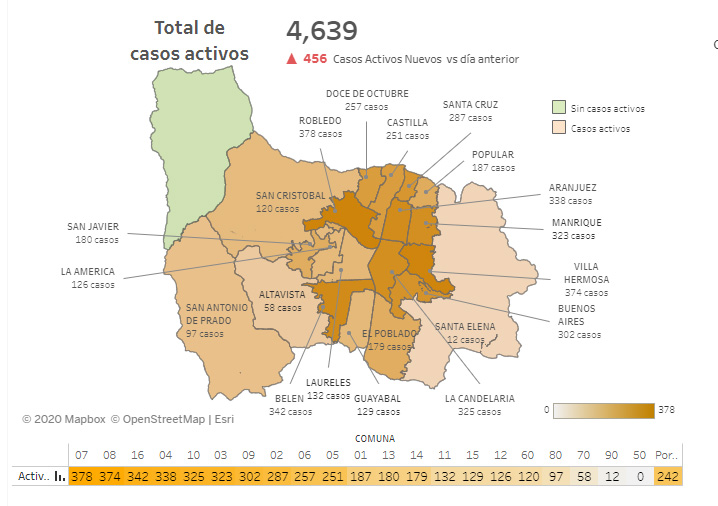 Mapa de casos activos de COVID-19 en Medellín