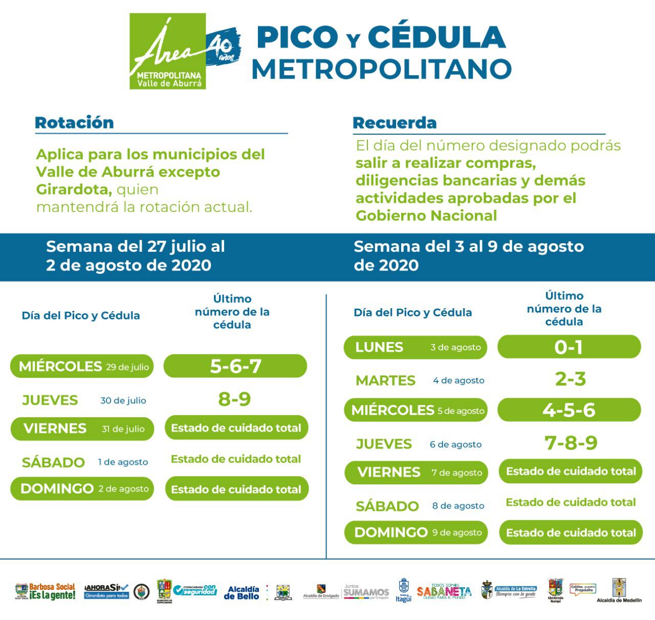 Pico y cédula 27 de julio al 9 de agosto en el Área Metropolitana