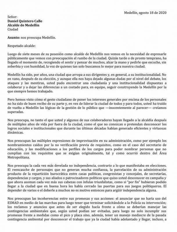 Carta al Alcalde Daniel Quintero