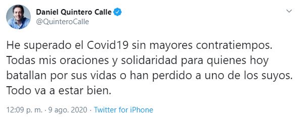 Trino Alcalde de Medellín Daniel Quintero sobre su recuperación de la COVID-19