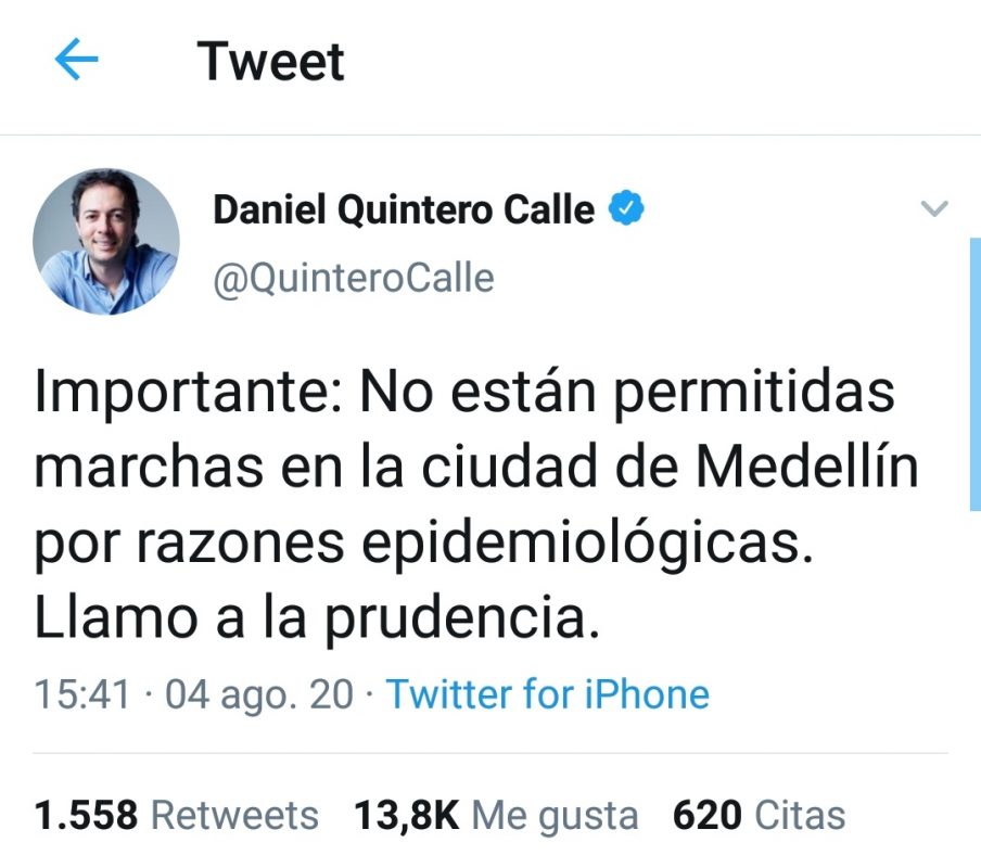 tweet alcalde Daniel Quintero Calle marchas