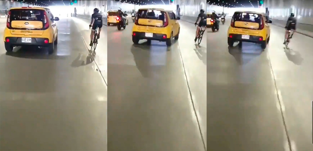 taxista que le tira el carro a ciclista en Parques del Río