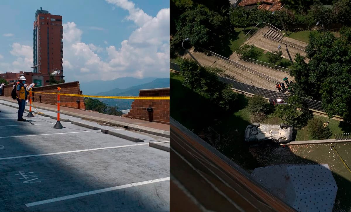 Vehículo cae de parqueadero en urbanización finito en Medellín, en el Poblado.
