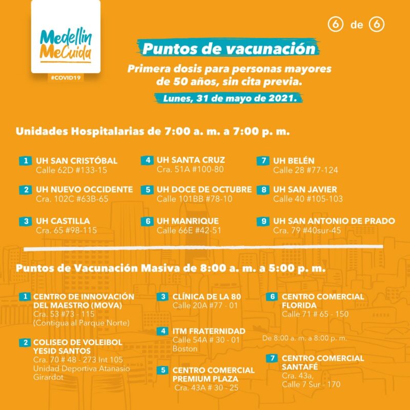Vacunación en Colombia de personas mayores de 50 años, sin cita previa