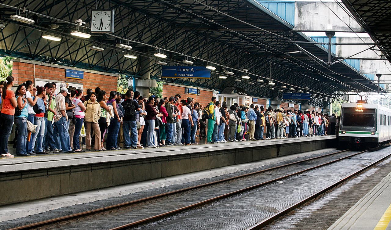 Medellin metro arriving at a station