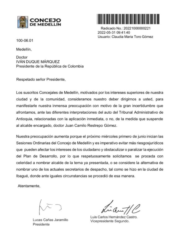En una carta, el Concejo de Medellín le pidió al gobierno Nacional que acelere el nombramiento del alcalde encargado. 