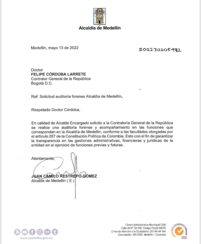 Juan Camilo Restrepo ya solicitó a la Contraloría la auditoría forense de la alcaldía de Medellín que había anunciado