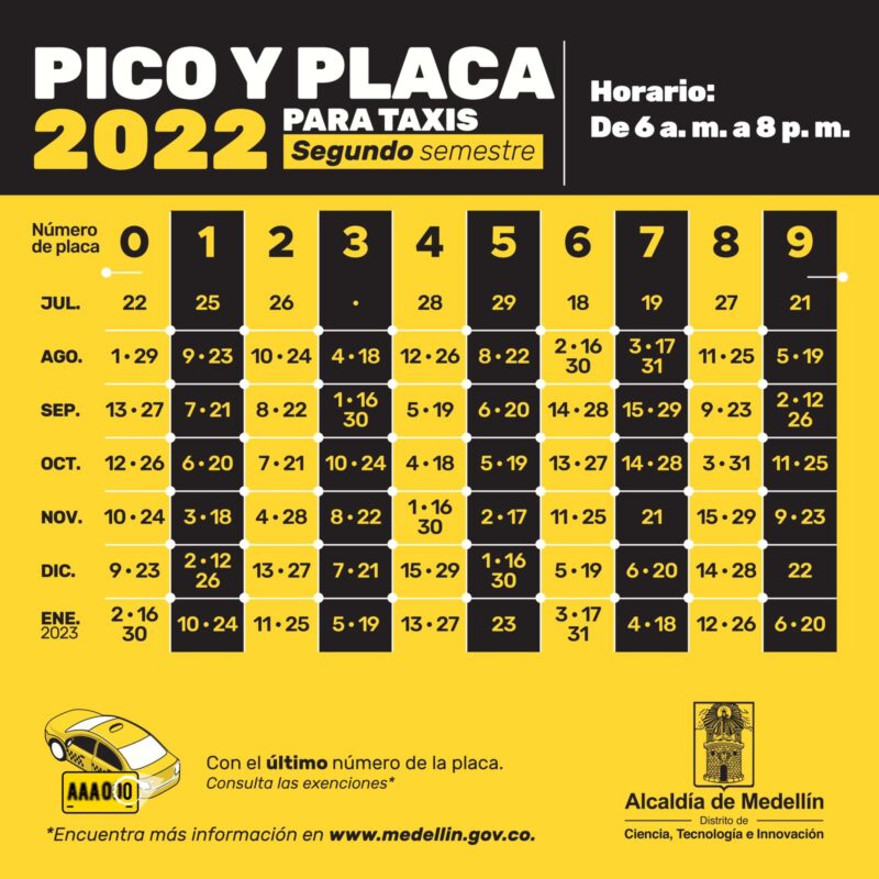 Pico y placa para taxis segundo semestres de 2022