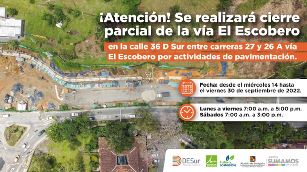 Cierre vial parcial en El Escobero, en Envigado, entre el 14 y 30 septiembre
