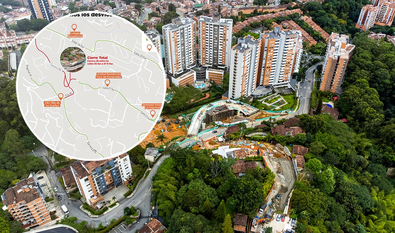 Cierre de la carrera 28 en Envigado por obras del intercambio vial de El Esmeraldal