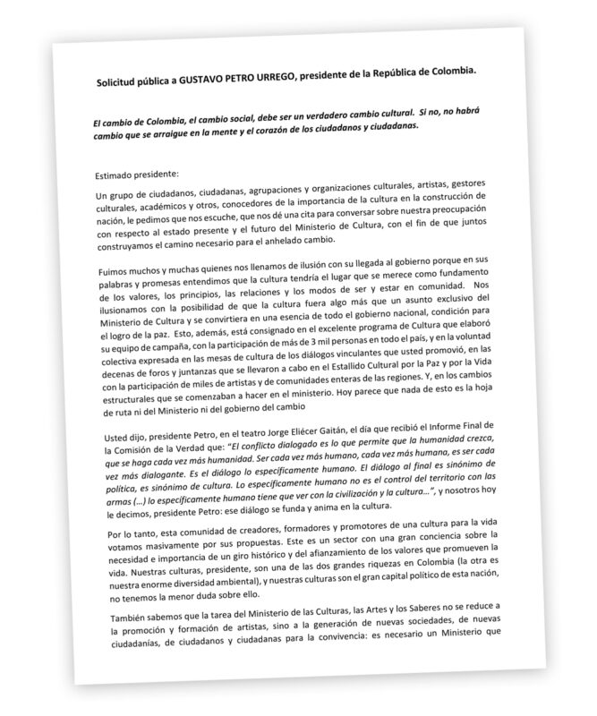 Solicitud pública a Gustavo Petro, presidente de Colombia. Abril 10 de 2023.