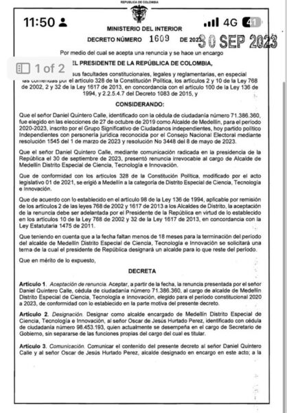 Decreto 1609 de aceptacion de la renuncia de Daniel Quintero Calle como alcalde de Medellin del 30 de septiembre de 2023