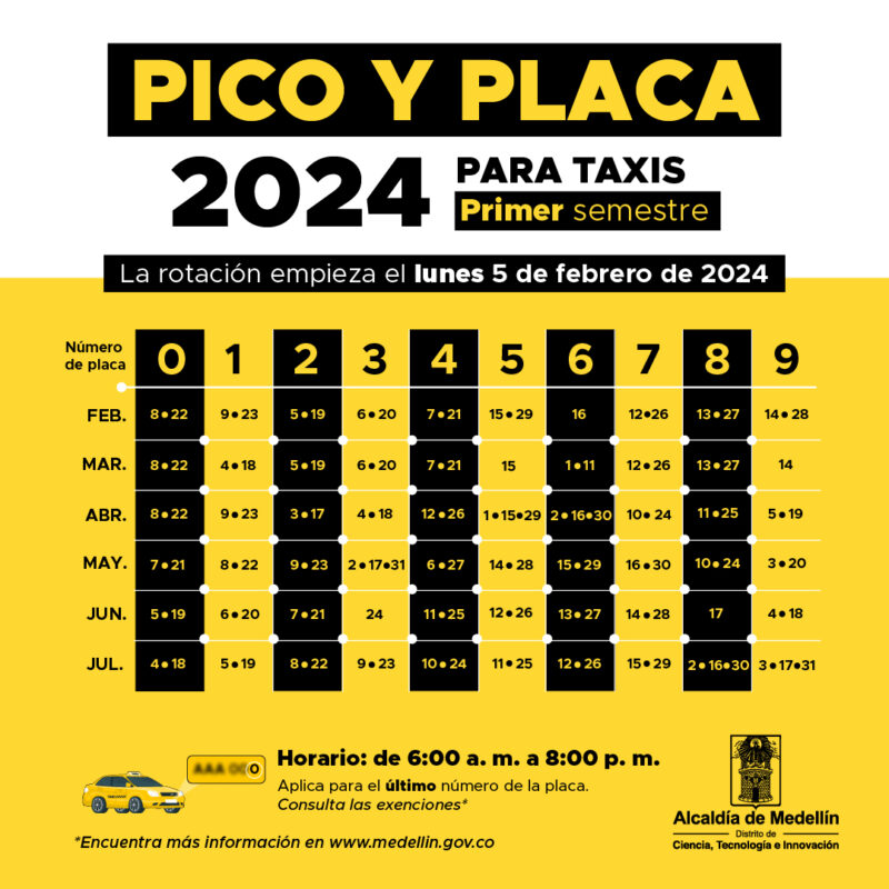 Pico y placa para taxis primer semestre de 2024