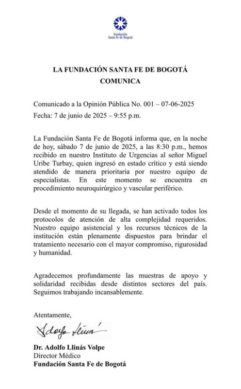Comunicado Fundacion Santa Fe sobre el estadod e Salud de Miguel Uribe Turbay