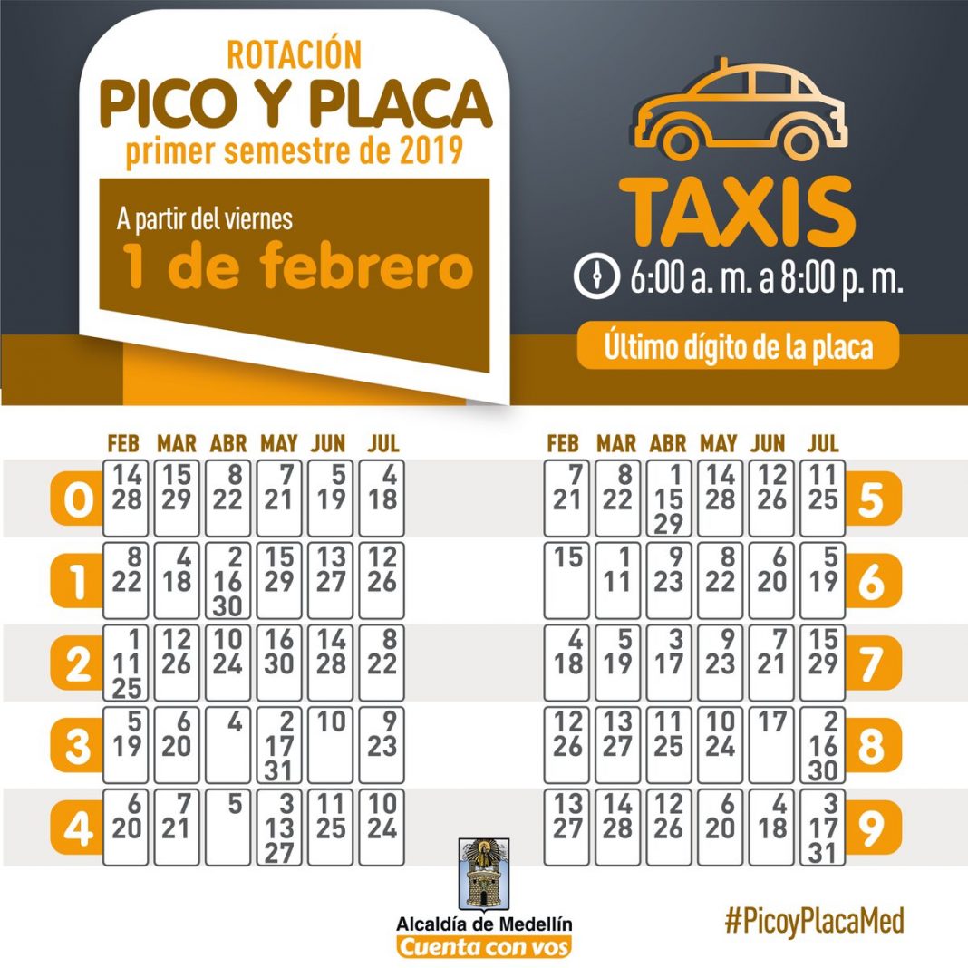 Pico y Placa en Medellín del primer semestre de 2019